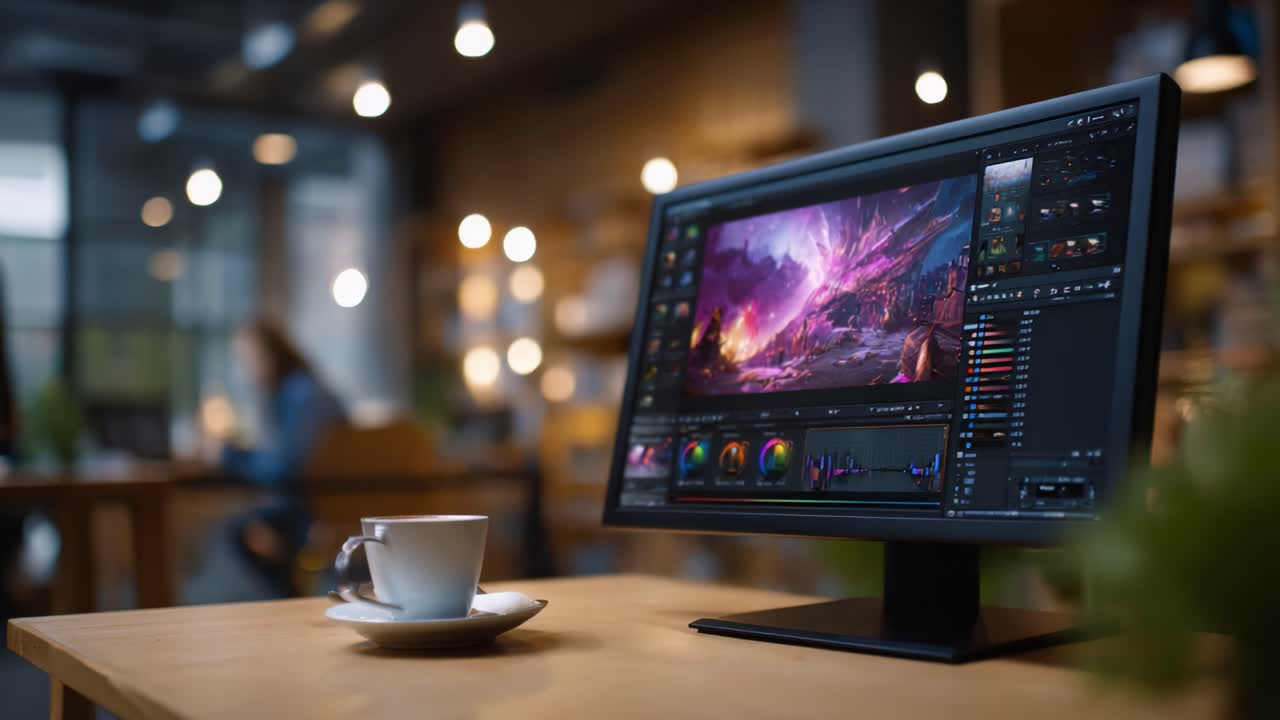 Un'area di lavoro creativa con un monitor che mostra immagini digitali vivaci, completata da un'elegante tazza di caffè in un moderno ambiente da bar