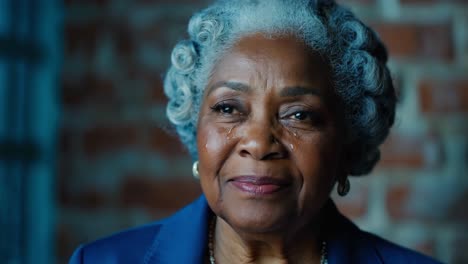 portrait of a beautiful african american elderly woman shedding tears of joy and emotion with a slight smile on her face, expressing a complex mix of feelings