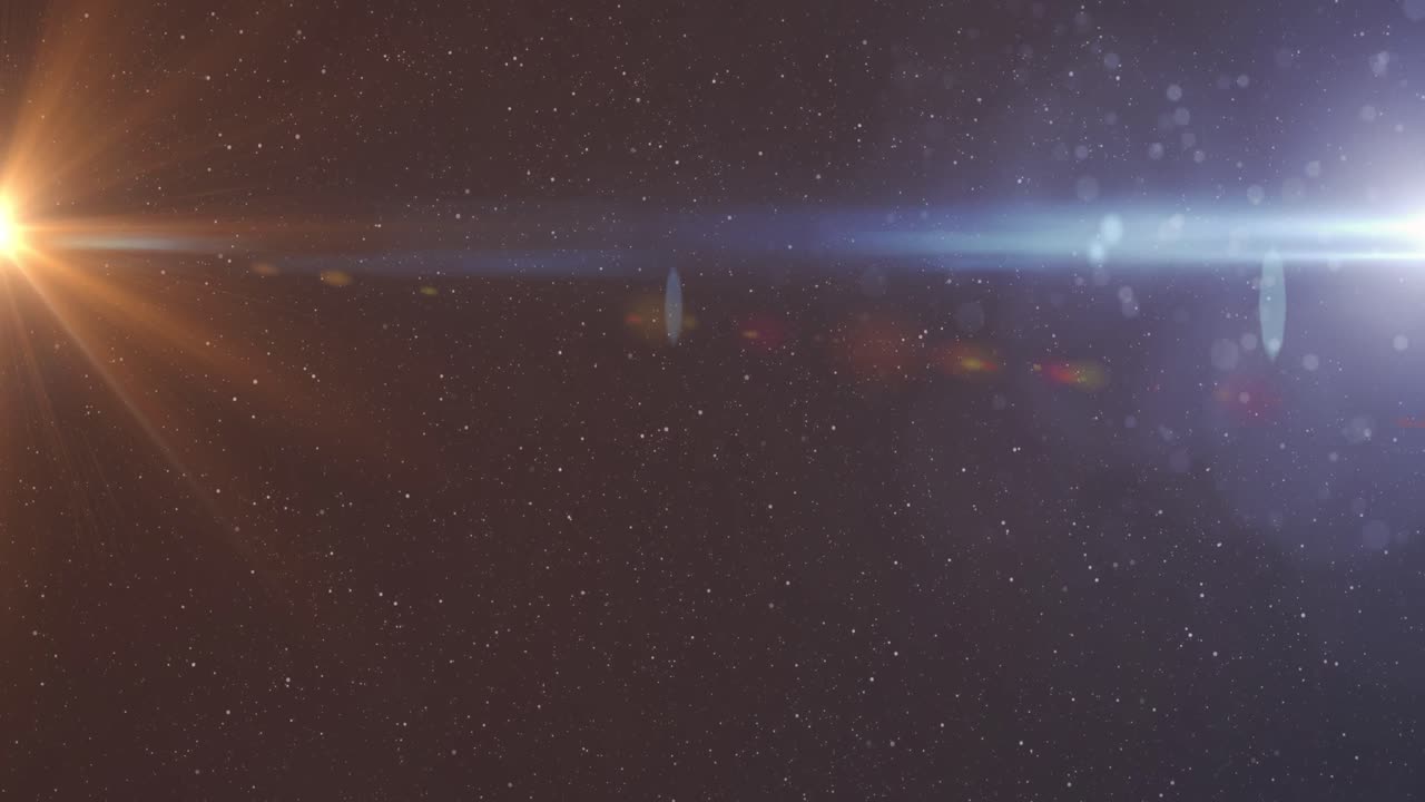 Animazione digitale di un punto di luce e particelle bianche con spazio per il testo su sfondo nero.