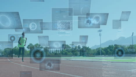 running on track, athlete with data processing animation over blue sky background