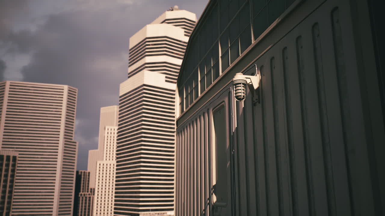 Modern skyscrapers rise against a cloudy sky in an urban setting