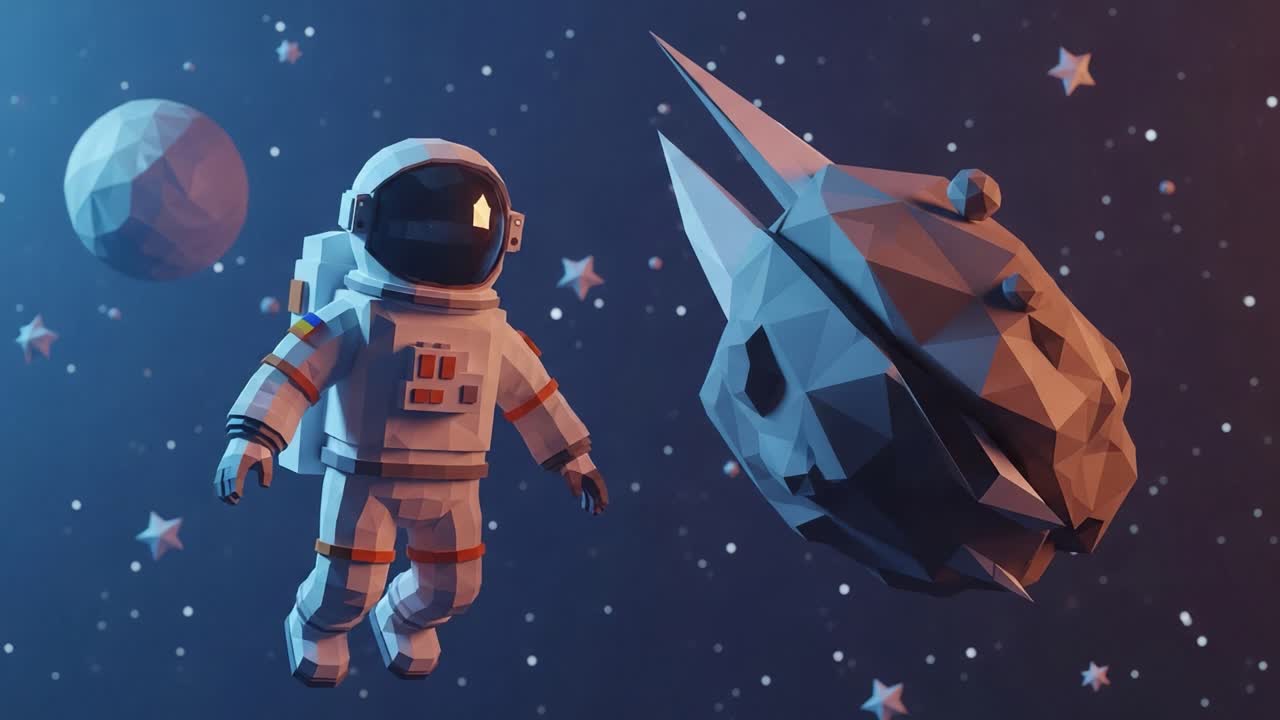 A Captivating Journey Through Space Featuring a Polygonal Astronaut, Asteroids, and Celestial Bodies in a Vibrant Cosmic Scene