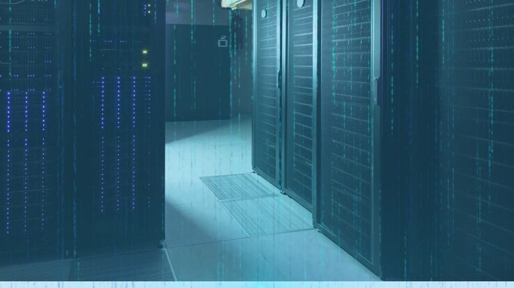 Animation of data processing and light trails against computer server room