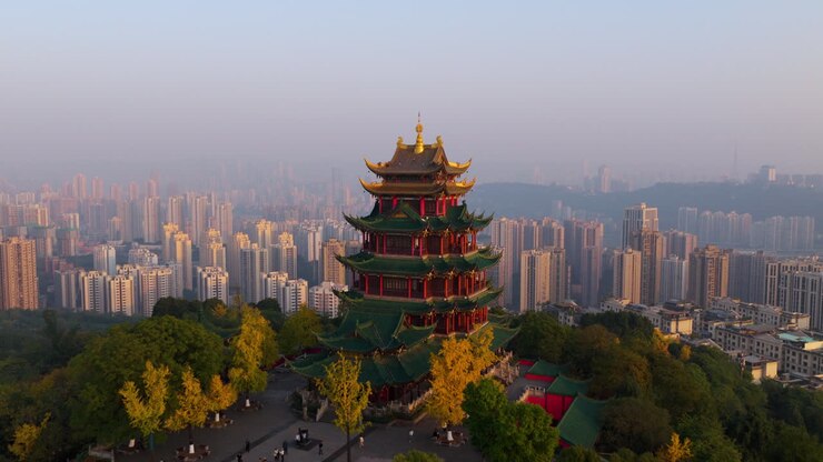 Aerial View of Yellow Crane Tower and Wuhan Cityscape