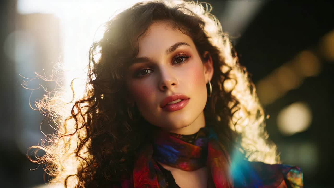 Portrait of a beautiful woman with curly hair in the city