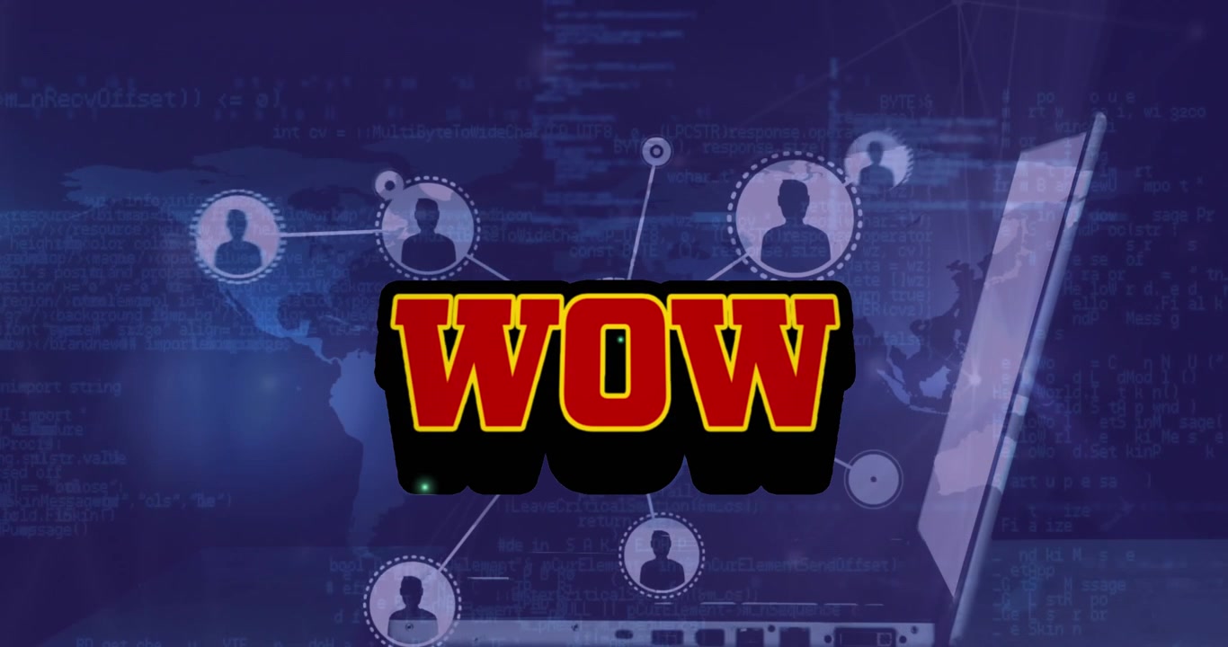 Animation af "wow"-tekst over et netværk af forbindelser og databehandling.