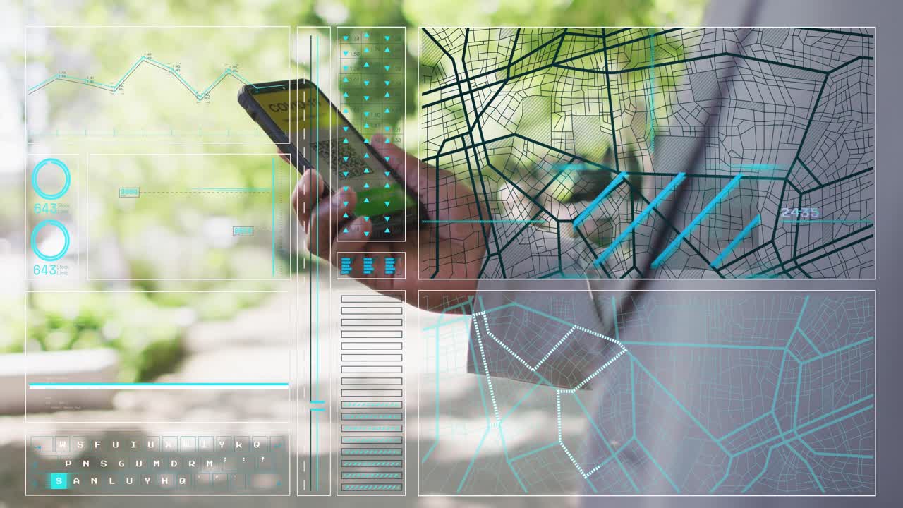 Animation of data processing over african american businessman using smartphone