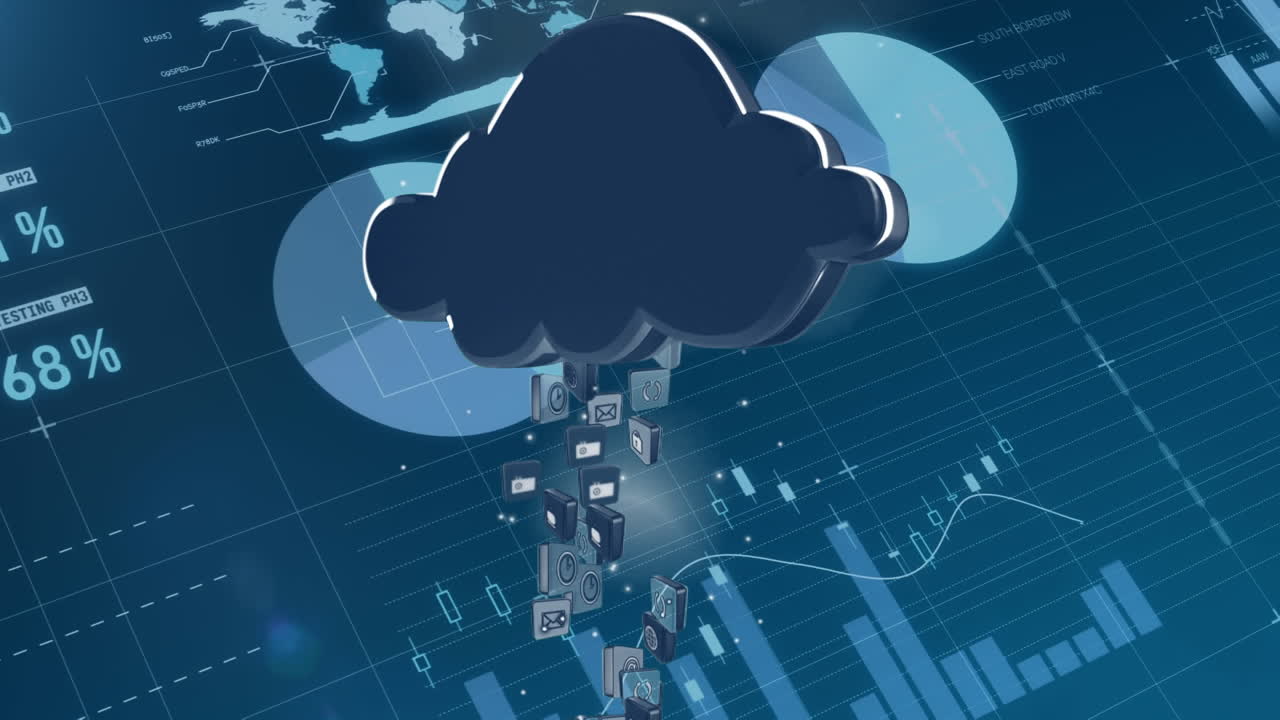 iconos que se elevan en nubes negras moviéndose frente a gráficos y estadísticas cambiantes