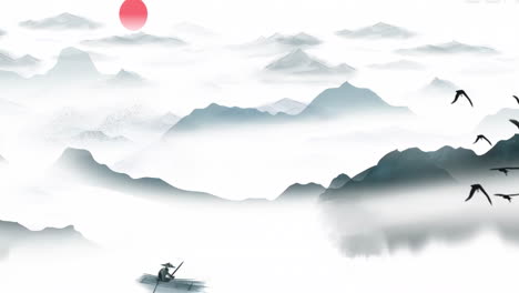 Fantasy-bright-ambience-of-beautiful-Chinese-ancient-style-landscape-artistic-conception-flying-birds-fishing-boat-with-simple-animation-in-Japanese-Chinese-anime-watercolour-style