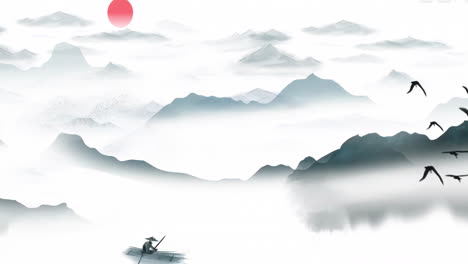 아름다운 중국 고대 스타일의 환상, 밝은 분위기, 풍경, 예술적 개념, 날아다니는 새, 간단한 애니메이션으로 시 보트, 일본어, 중국 애니메이션, 수채화 스타일