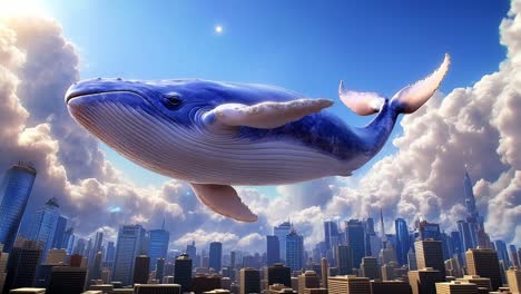 whale soaring above a city skyline. a giant whale glides through fluffy clouds over a bustling urban landscape during the day, creating a surreal scene.