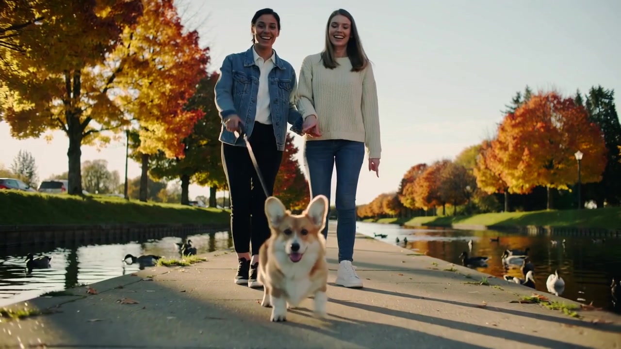 Lopend stel hand in hand, spijkerjasje, riem leidt corgi richting vijver terwijl ze naar eenden kijken.