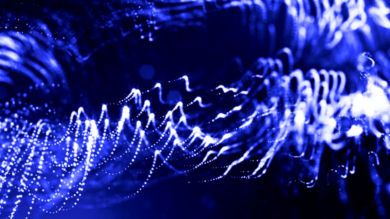 la animación de bucle de renderizado 3d de las partículas de brillo forma líneas oscilantes como guirnalda oscilante como fondo festivo o fondo abstracto de partículas con profundidad de campo y bokeh como bucle vj. azul 13