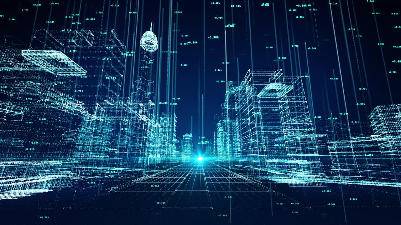 3d lines through digital binary city loop background concept of big data machine learning artificial