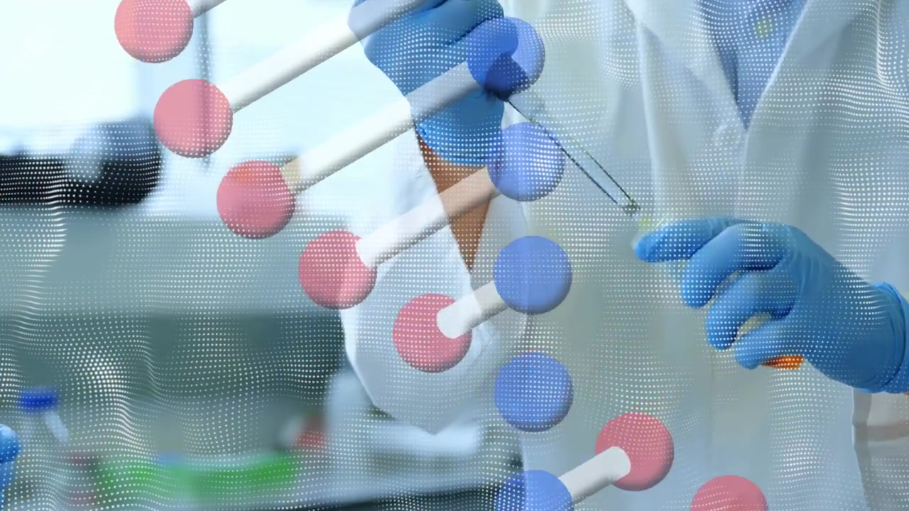 Scientist Using Pipette in Laboratory with DNA Helix Overlay
