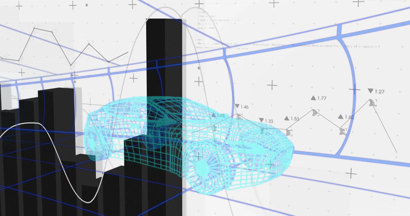 Animation of financial data processing over digital car on white background
