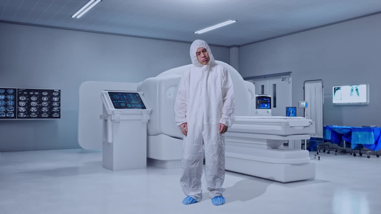 Full Body Of Asian Male Scientist Having A Headache While Standing With MRI Machine In The Hospital