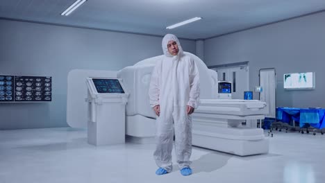 full body of asian male scientist having a headache while standing with mri machine in the hospital