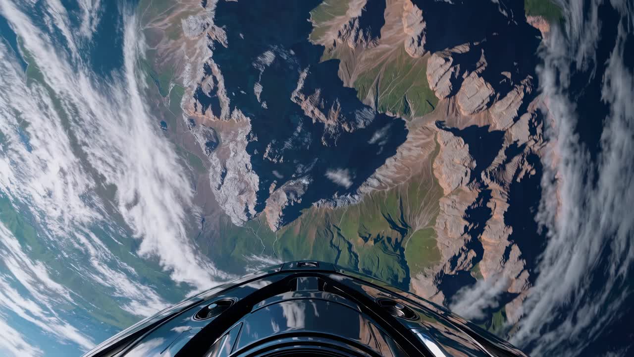 Aerial video view from space, capturing Earth's surface with a fisheye lens
