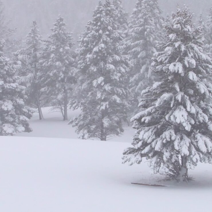 Neve fitta cade sugli alberi in una foresta nel Parco Nazionale di Yellowstone.