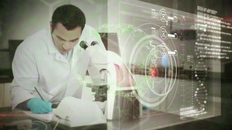 animación de procesamiento de datos y cerebro digital sobre científico caucásico que trabaja en el laboratorio
