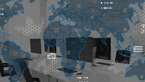 animation of world map and data processing against empty office