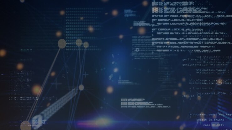 Animation of light spots over data processing on black background