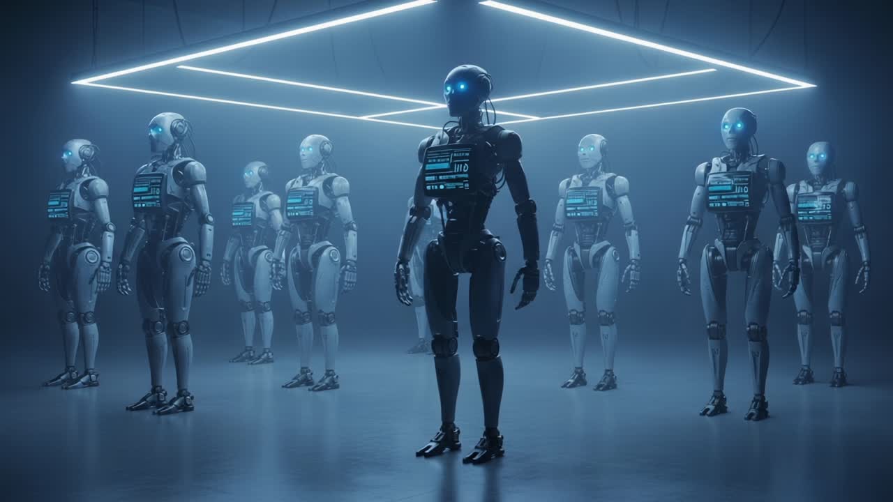 A Futuristic Assembly of Humanoid Robots in a High-Tech Environment, Showcasing Advanced Robotics with Luminous Displays and Unique Designs that Reflect Emerging Technology