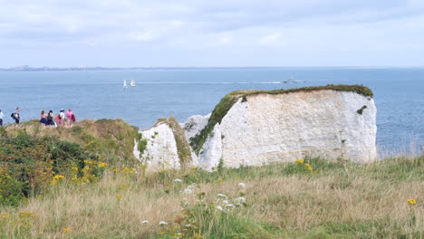 people at the old harry rocks national trust seaside cliffs slomo