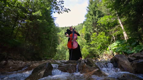 Outdoor nature perfomance with musician playing on cello. Beautiful lady playing in stringed instrument.