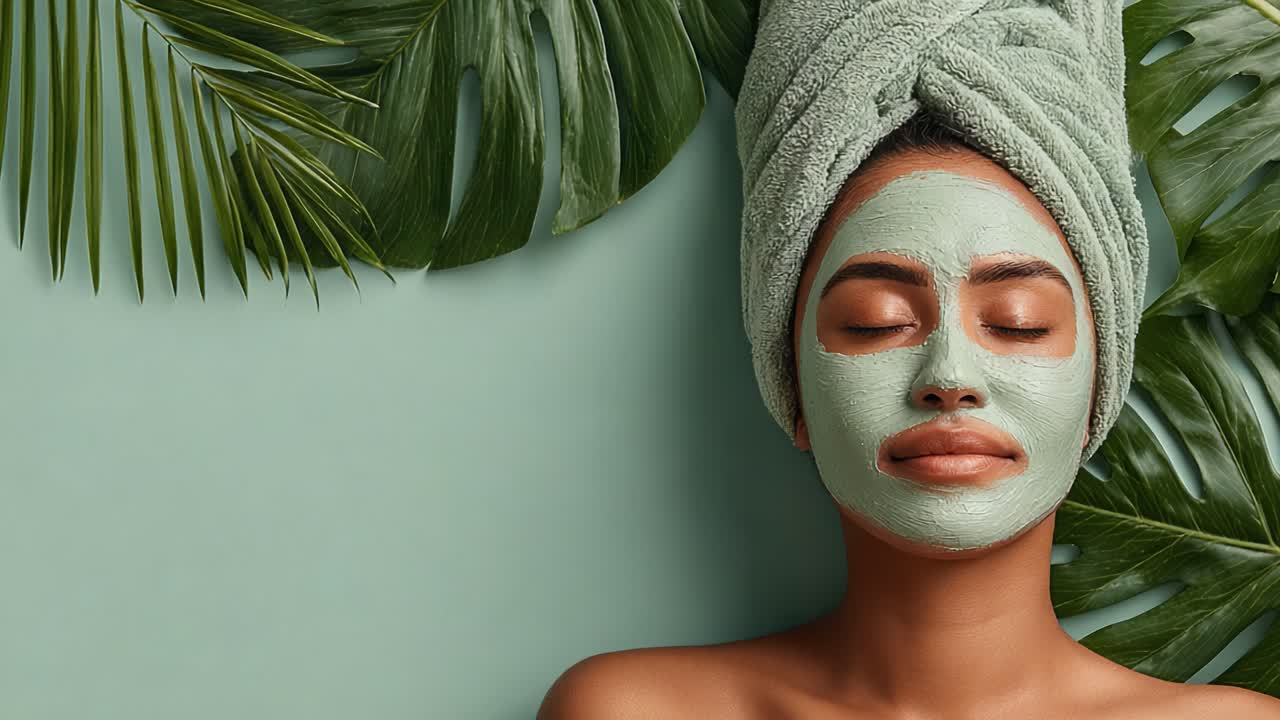 Eine Frau genießt eine verjüngende Gesichtsbehandlung mit einer grünen Maske, umgeben von üppigen tropischen Blättern, die eine ruhige und erfrischende Spa-ähnliche Atmosphäre schafft