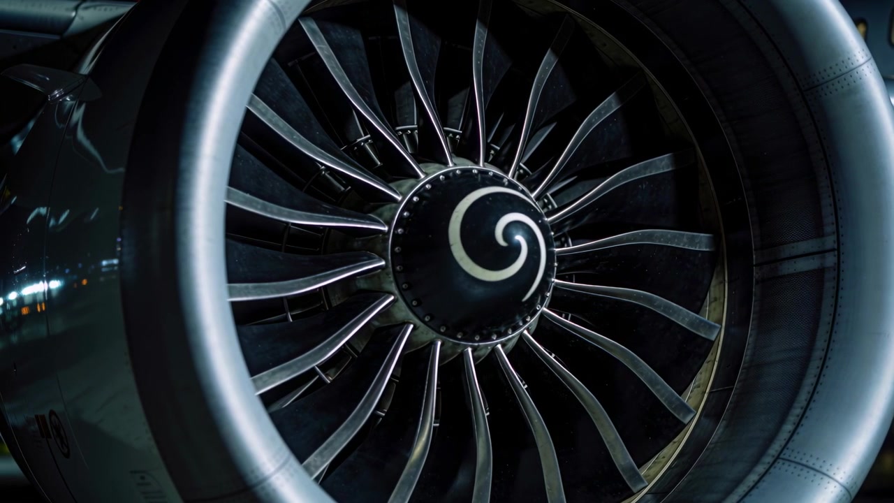 En turbofan-motorventilator spoler op og viser langsom rotation på natrampen i tomgang, med en spinner-spiral.