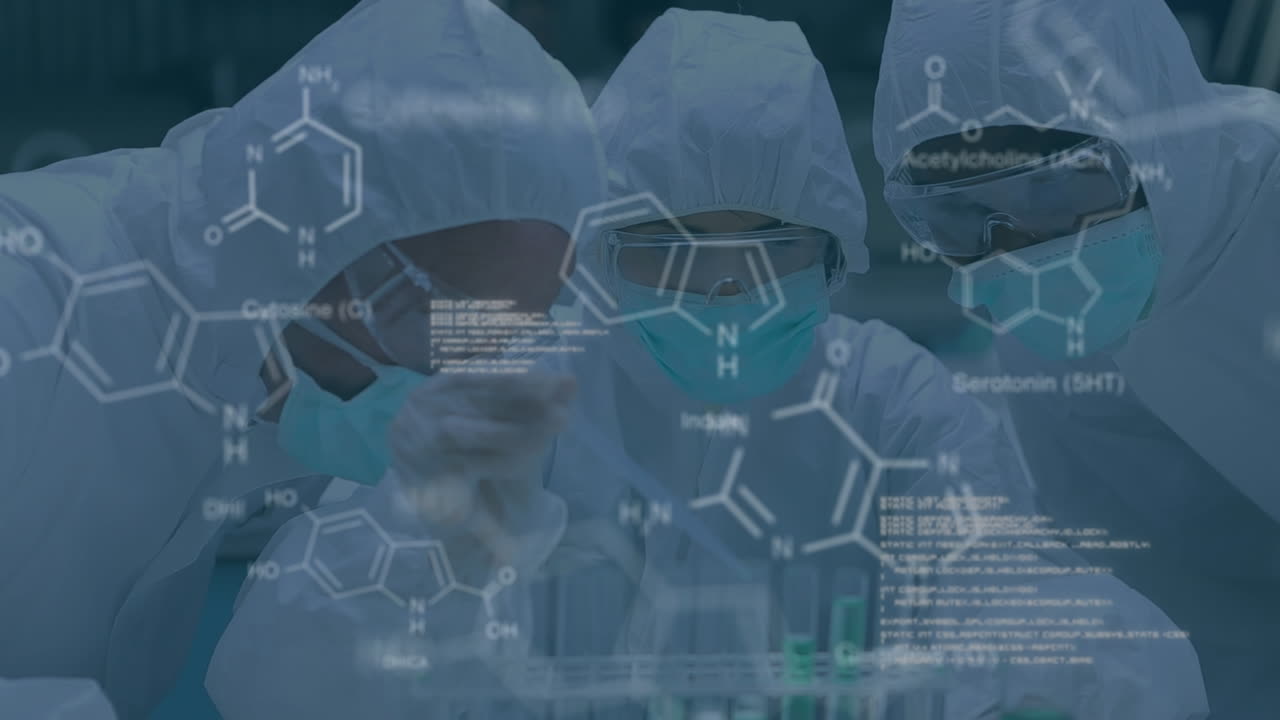 다양한 남녀 과학자들이 대화를 나누는 데이터 처리 애니메이션