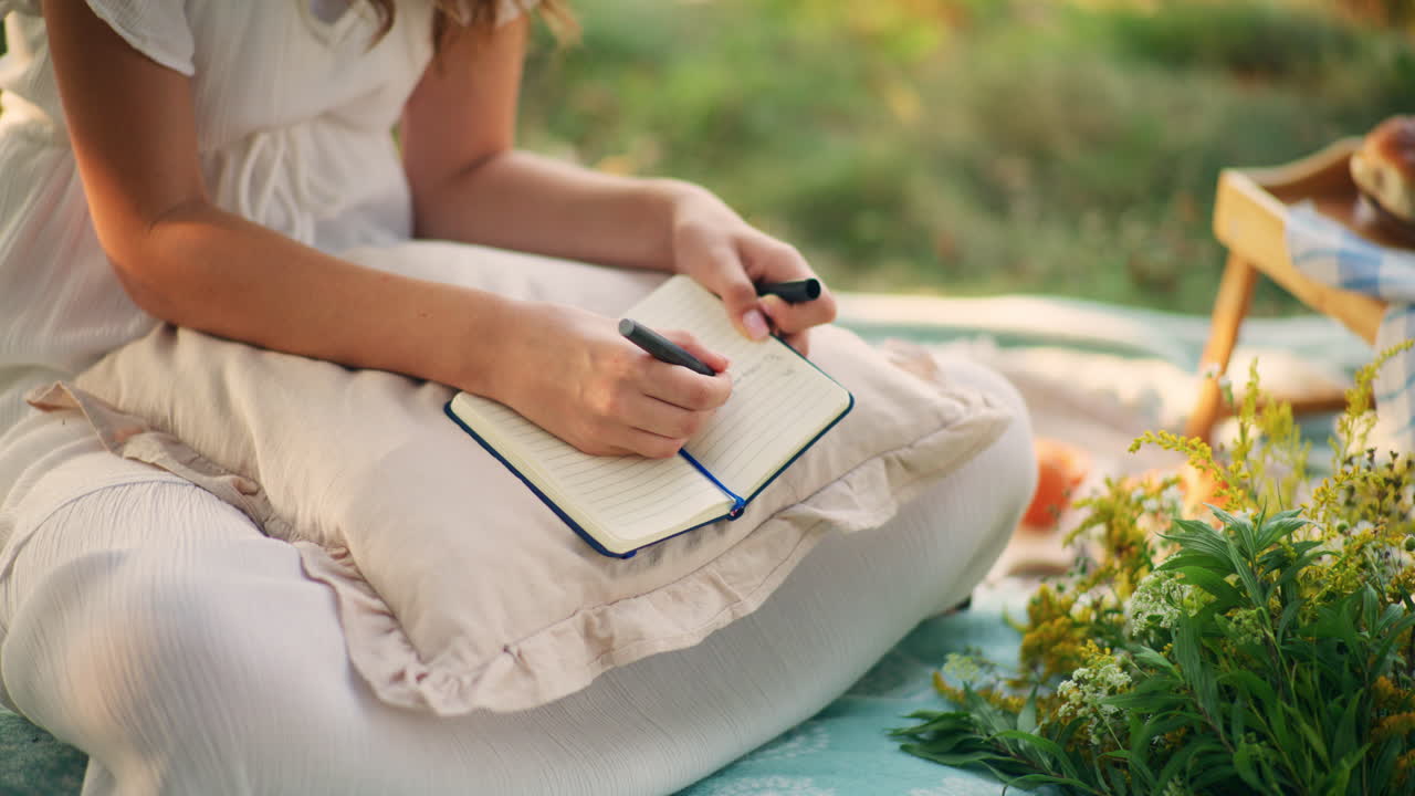 Girl writing dreams in notebook during picnic