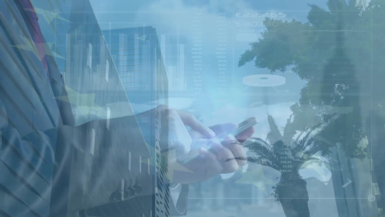 スマートフォンを使用した男性による都市風景のアニメーション