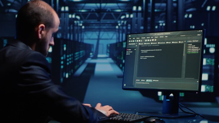 Mandlig systemingeniør analyserer big data på computer