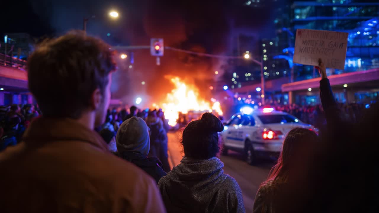 Dramatic Scene of Social Unrest: Protesters Gather Around a Blaze Amidst Police Presence and Urban Backdrop in a Tense Environment of Dissent and Emotion