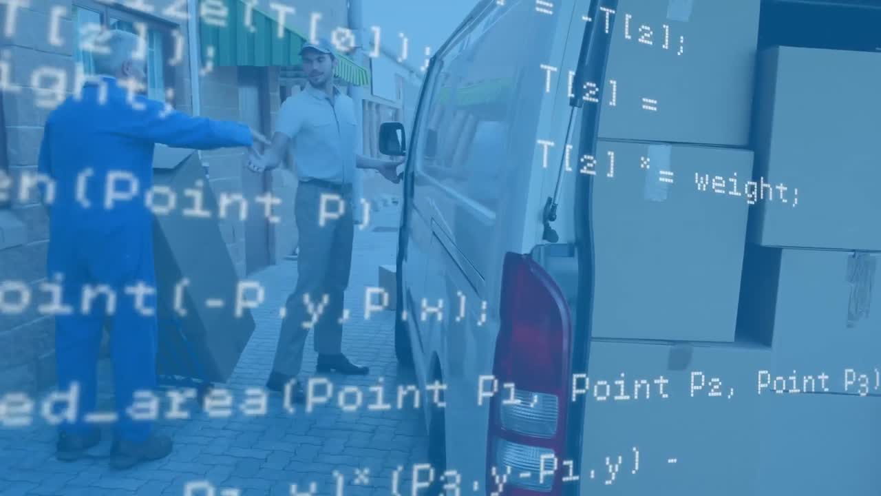 백인 배달사와 상급 남성 노동자와 악수를 하는 백인 배달사에 대한 데이터 처리