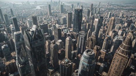 aerial view of a bustling metropolis with skyscrapers and a river