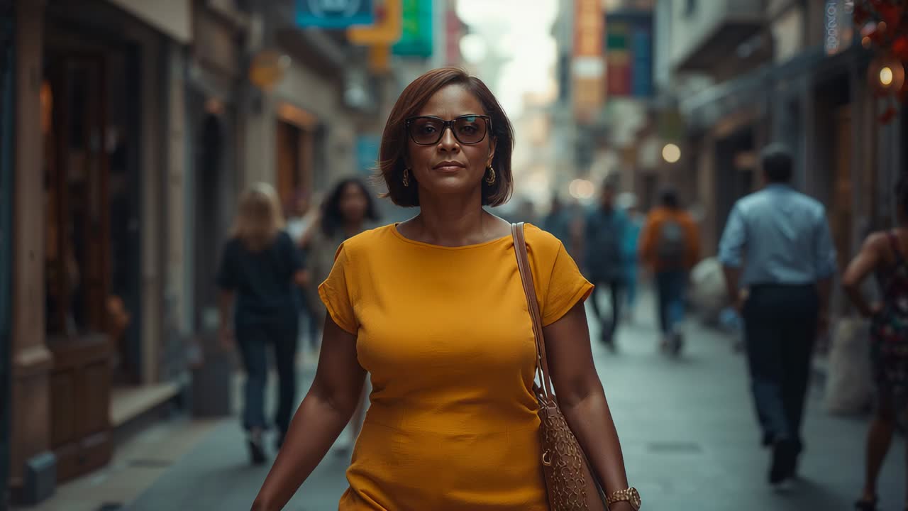Inquadratura con apertura su una donna che indossa un vestito color senape e occhiali da sole mentre cammina lungo una strada e si sposta con una borsa intrecciata