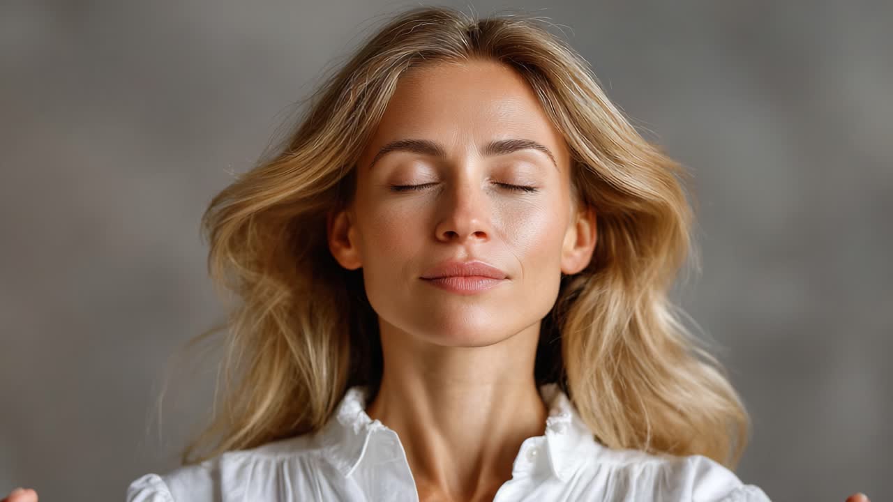 A serene moment of tranquility, capturing a woman's inner peace and mindfulness as she stands in a meditative state with her eyes closed and a calming presence