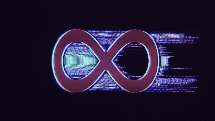 Simbolo infinito 2D con effetto glitch che si allontana.