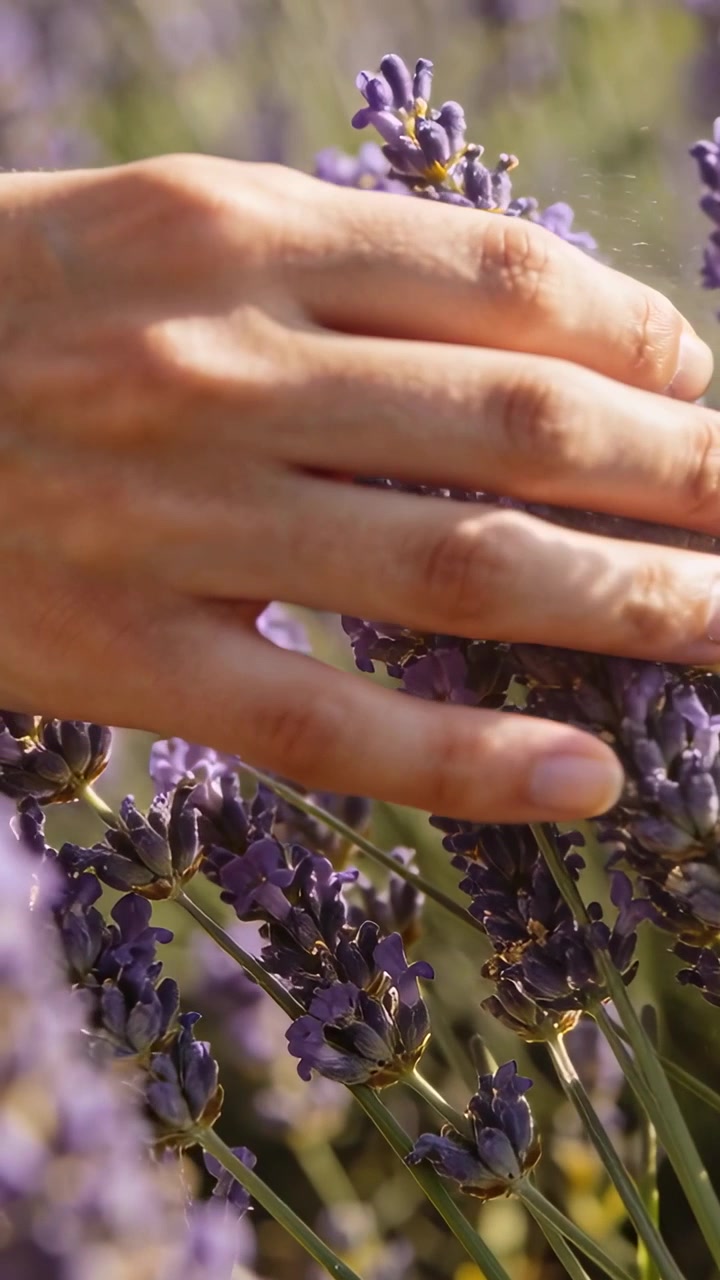 Vertikal video: En berørende hånd glider hen over et solbeskinnet lavendelbed, børster stilke og spreder pollen.