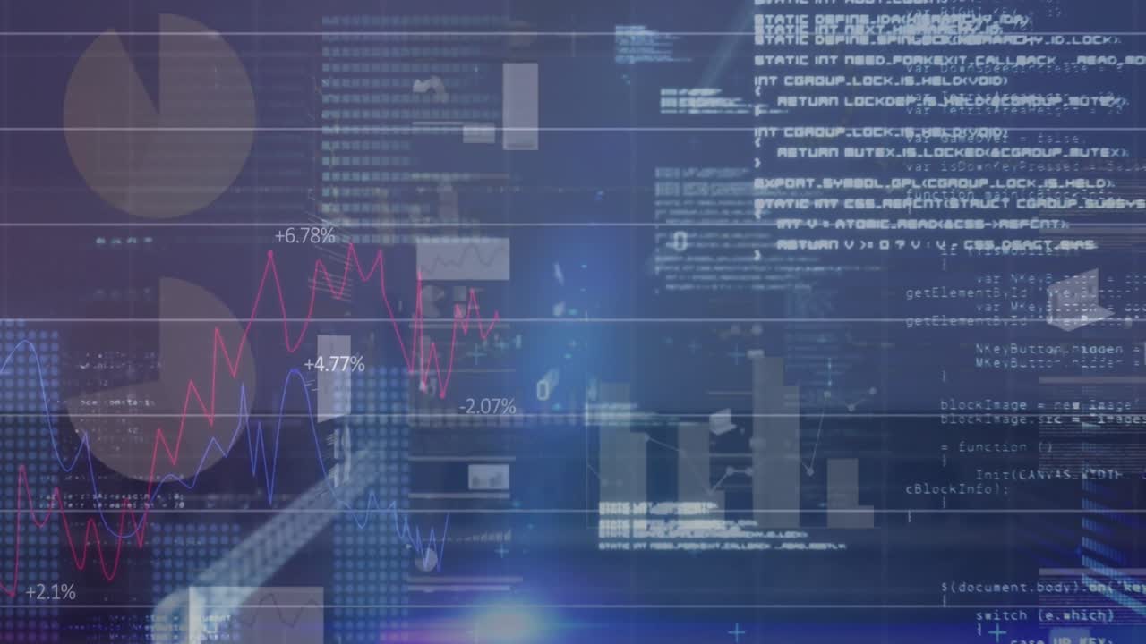 animazione dell'elaborazione dei dati statistici e punto di luce blu contro la vista aerea del paesaggio urbano