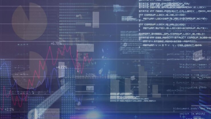 Animation of statistical data processing and blue light spot against aerial view of cityscape