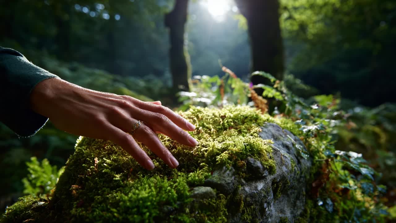 A Delicate Touch: Exploring Nature's Tranquility as a Hand Gently Brushes Against Lush Green Moss Amidst a Sunlit Forest, Capturing the Essence of Serenity and Connection with the Outdoors