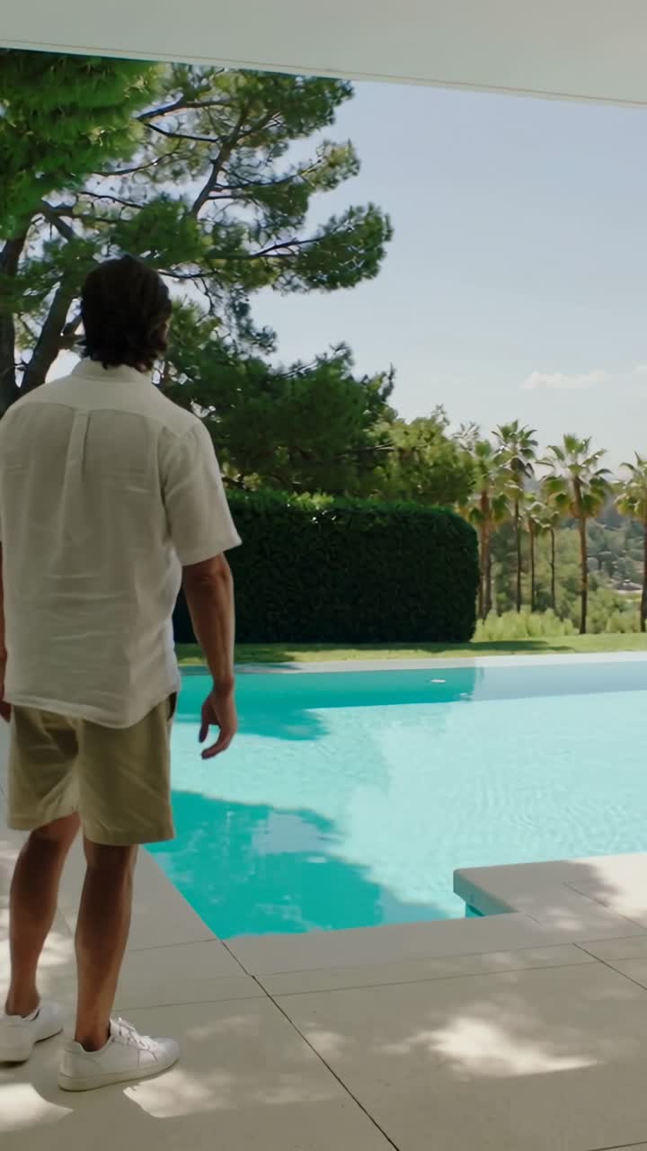 Vertical video: Spotting palm trees, man turning on pool deck wearing sneakers to admire view