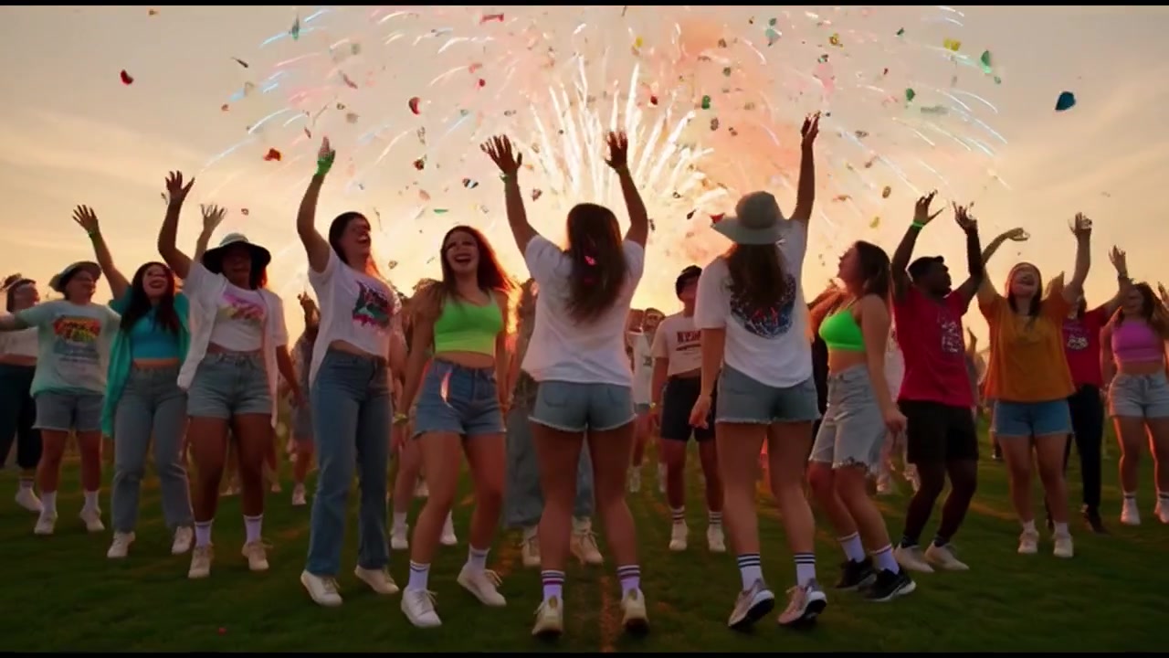 Begeisterte Menge tanzt auf einem Open-Air-Musikfestival mit Feuerwerk