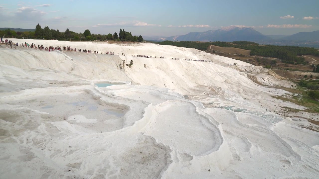 Tourists Walking on White Travertine Terraces in Pamukkale Turkey