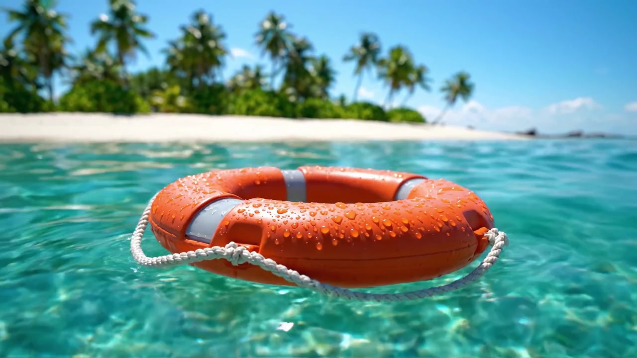 A Bright Orange Lifebuoy Floating in Crystal Clear Tropical Waters, Surrounded by Lush Green Palm Trees and Sandy Shores Under a Vibrant Blue Sky